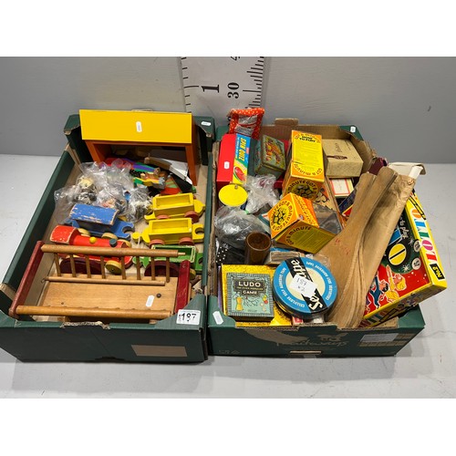 187 - 2 Boxes vintage toys, wooden trains, plastic soldiers, spin quiz etc