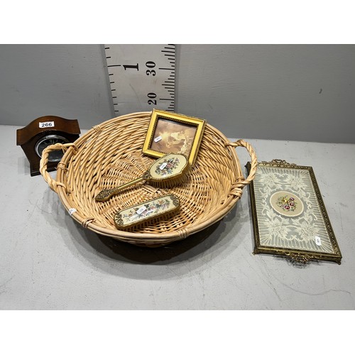 266 - Vintage lace petit point dressing table set + clock in wicker basket