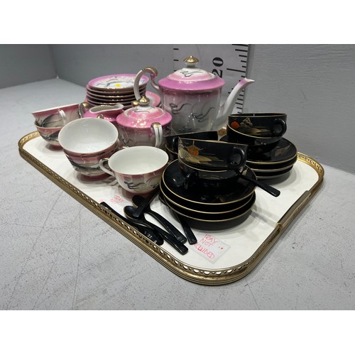 317 - Geshia girl tea set + black lacquard cups/saucers