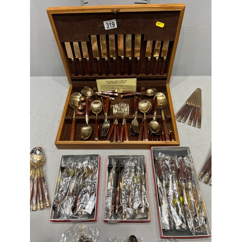 319 - Bronze cutlery set in case + additional matching cutlery in boxes etc