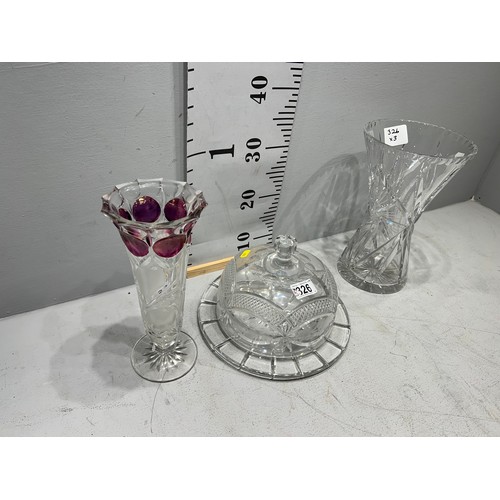 326 - Cut glass cake/cheese lidded dish + 2 cut glass vases