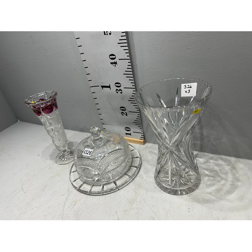 326 - Cut glass cake/cheese lidded dish + 2 cut glass vases