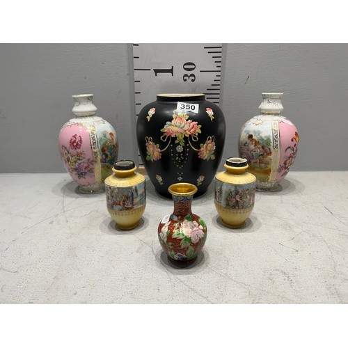 350 - Pair pink vases, cloisonne vase pair small Victorian vases, crown Devon vase