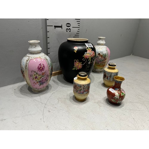 350 - Pair pink vases, cloisonne vase pair small Victorian vases, crown Devon vase