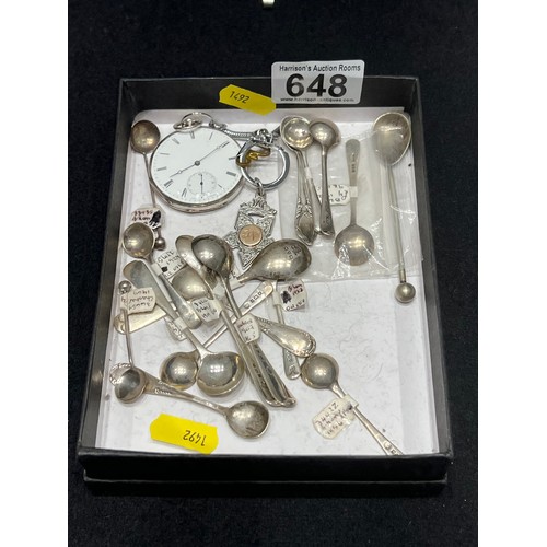 648 - Box collectable silver items pocket watch + medal, condiment spoons 132g