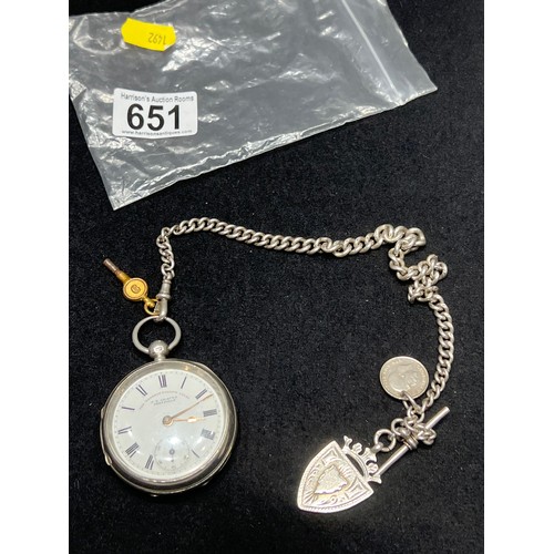 651 - Silver pocket watch & chain with silver shield & coin chain weighs 57g