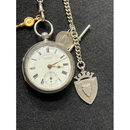 651 - Silver pocket watch & chain with silver shield & coin chain weighs 57g