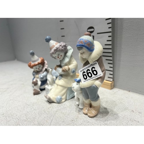 666 - 3 Lladro figures, eskimo boy 5238 clown 5279, clown with dog 5278