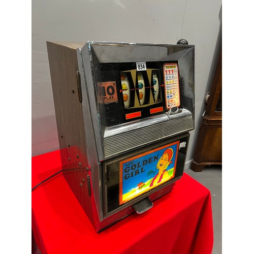 834 - Super golden girl 10p play 1 armed arcade bandit /arcade machine ( lights up-not working)