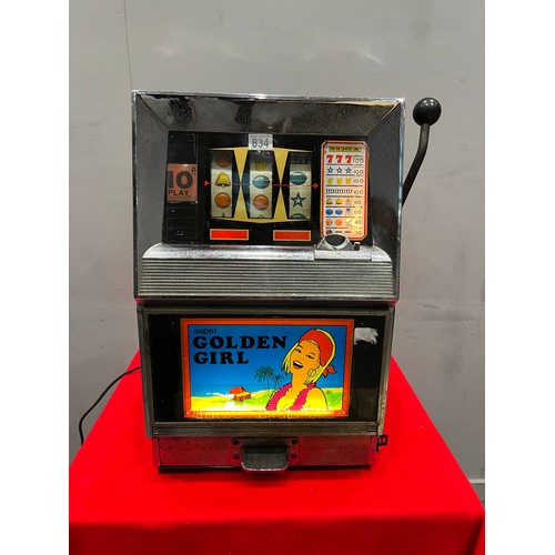 834 - Super golden girl 10p play 1 armed arcade bandit /arcade machine ( lights up-not working)