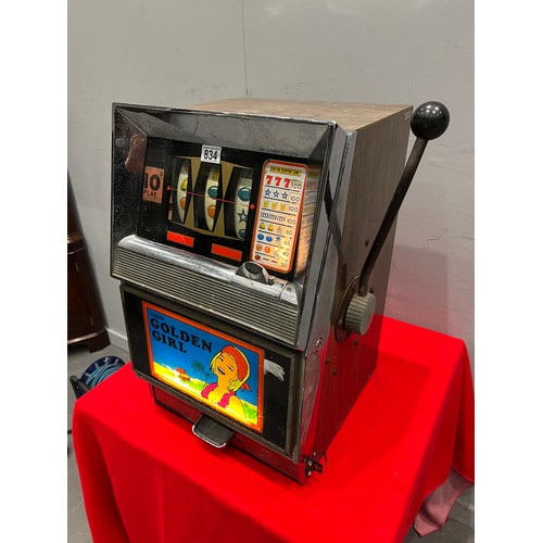 834 - Super golden girl 10p play 1 armed arcade bandit /arcade machine ( lights up-not working)