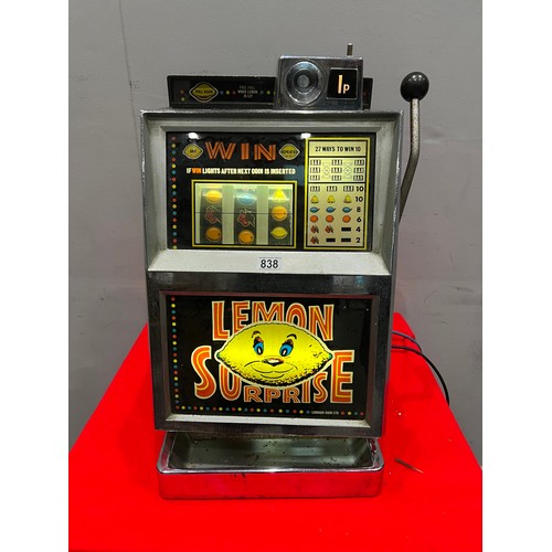 838 - Lemon surprise 1 armed arcade bandit fruit machine /arcade machine 1p play (lights up- not working)