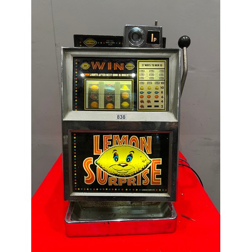 838 - Lemon surprise 1 armed arcade bandit fruit machine /arcade machine 1p play (lights up- not working)