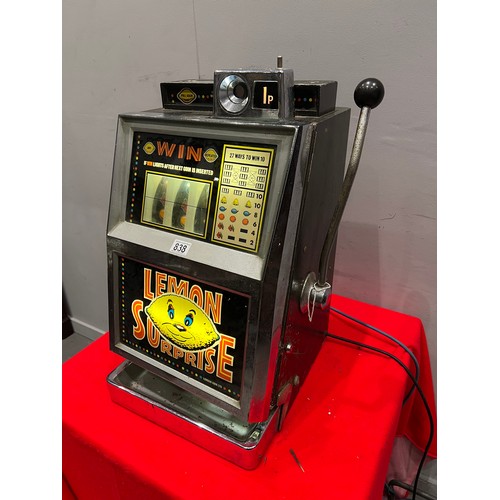 838 - Lemon surprise 1 armed arcade bandit fruit machine /arcade machine 1p play (lights up- not working)