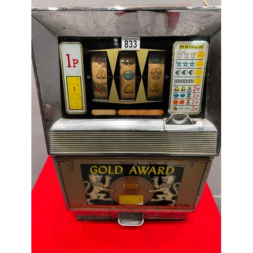 833 - Bally gold award 1p play 1 armed arcade bandit /arcade machine(light up-spins-needs tlc)