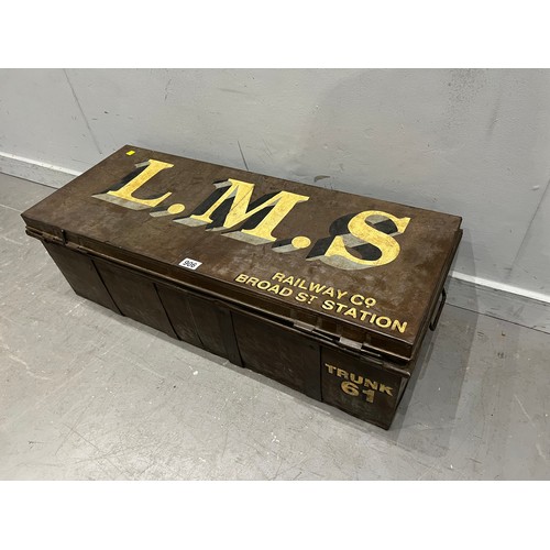 906 - Vintage L.M.S metal railway trunk