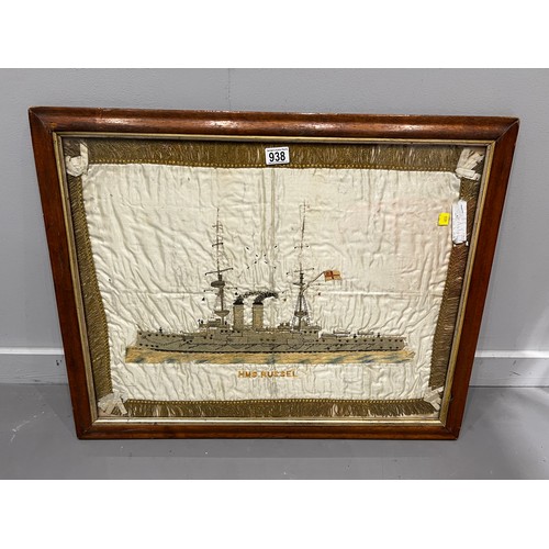 938 - HMS Russel ships framed memorabilia on silk?