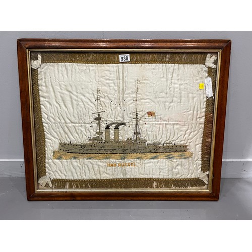 938 - HMS Russel ships framed memorabilia on silk?