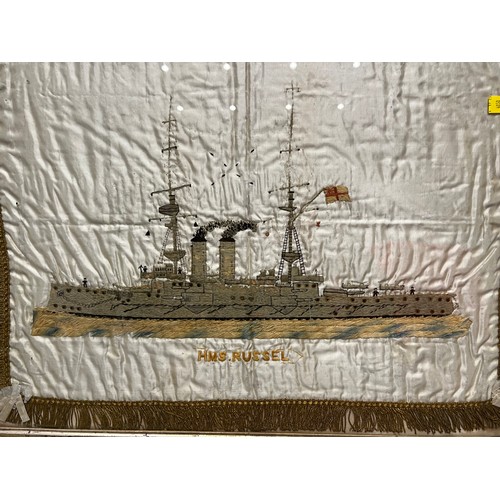 938 - HMS Russel ships framed memorabilia on silk?