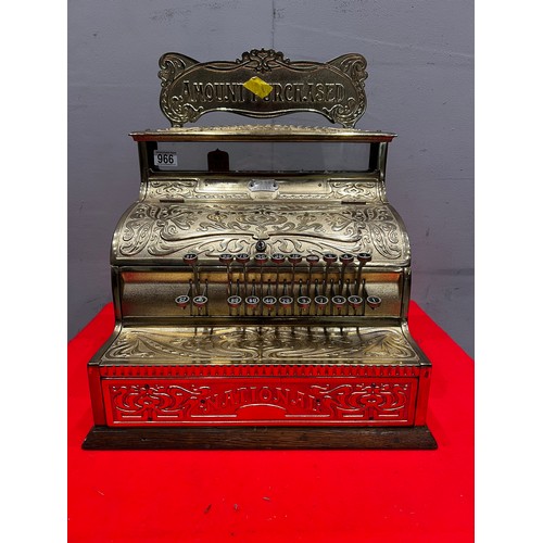 966 - Victorian brass & oak base national cash register super detail