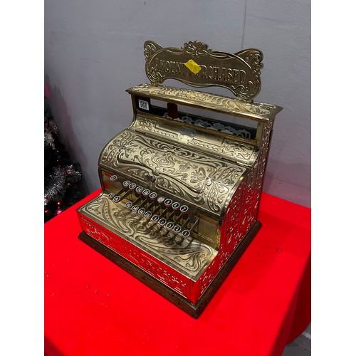 966 - Victorian brass & oak base national cash register super detail