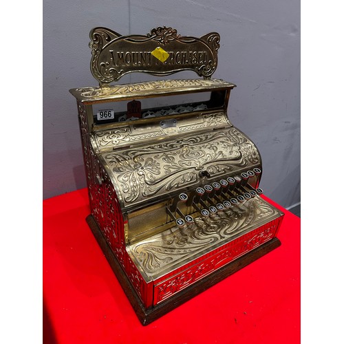 966 - Victorian brass & oak base national cash register super detail