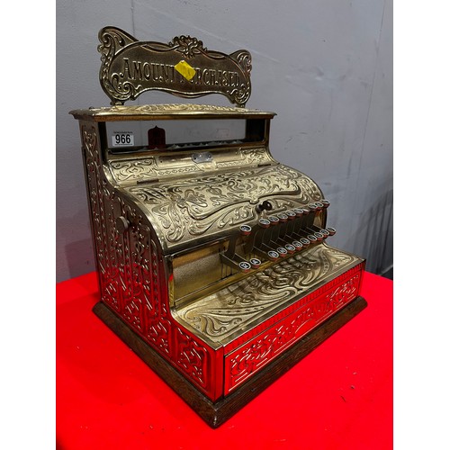 966 - Victorian brass & oak base national cash register super detail