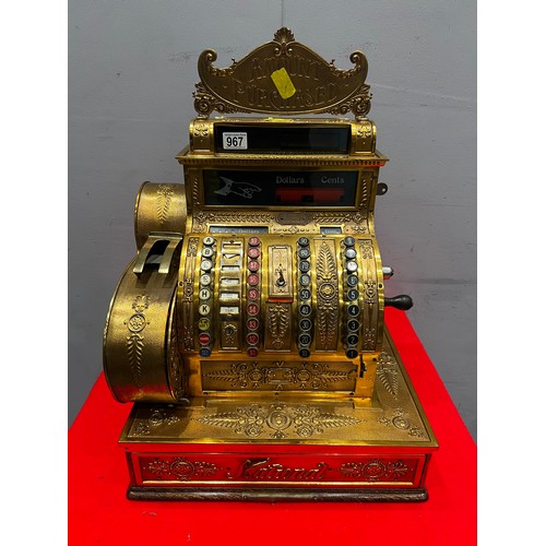 967 - Victorian brass & oak base national cash register super detail