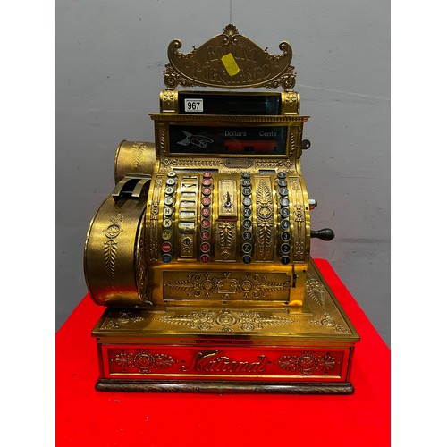 967 - Victorian brass & oak base national cash register super detail