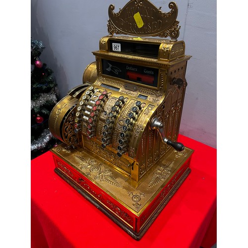 967 - Victorian brass & oak base national cash register super detail