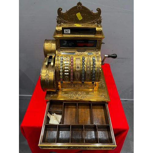 967 - Victorian brass & oak base national cash register super detail