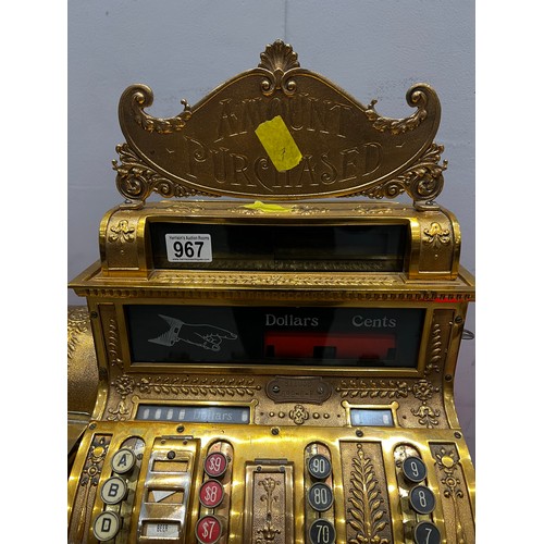 967 - Victorian brass & oak base national cash register super detail