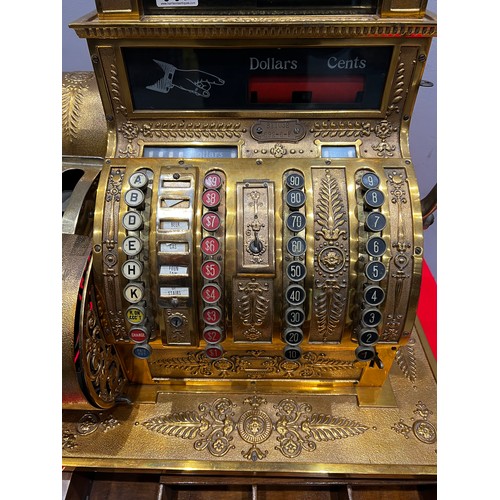 967 - Victorian brass & oak base national cash register super detail