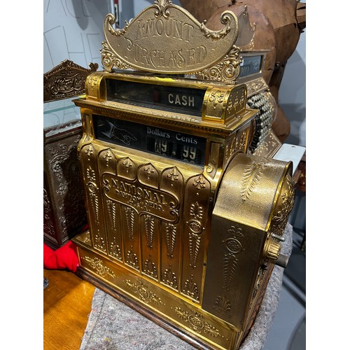 967 - Victorian brass & oak base national cash register super detail