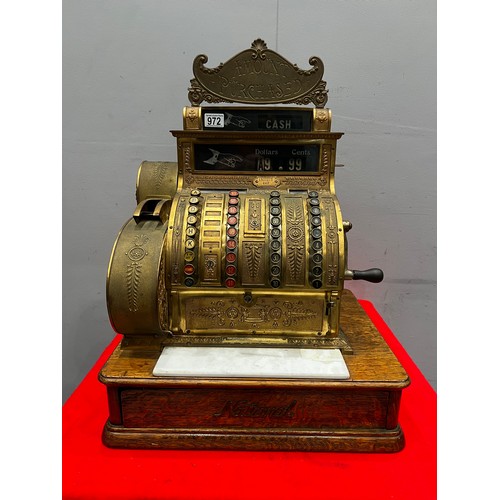 Victorian brass national cash register super detail on oak base