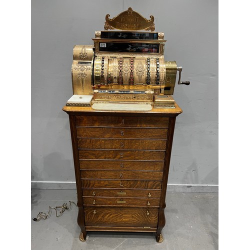 973 - Stunning example Victorian national cash register super brass & marble with multi drawer oak base