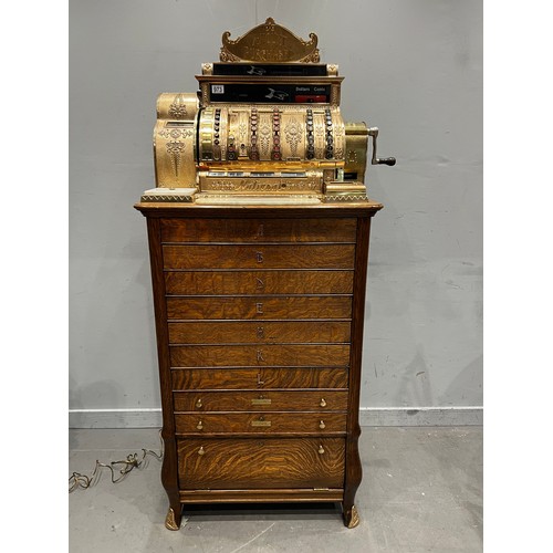 973 - Stunning example Victorian national cash register super brass & marble with multi drawer oak base