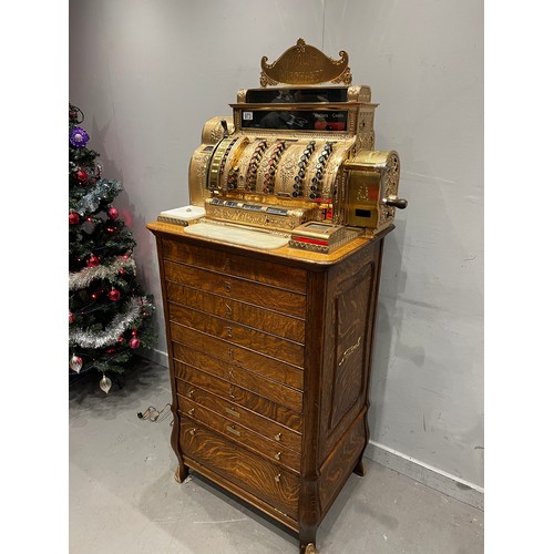 973 - Stunning example Victorian national cash register super brass & marble with multi drawer oak base