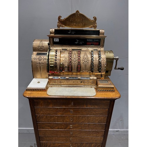 973 - Stunning example Victorian national cash register super brass & marble with multi drawer oak base