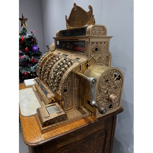 973 - Stunning example Victorian national cash register super brass & marble with multi drawer oak base