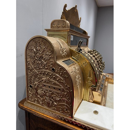 973 - Stunning example Victorian national cash register super brass & marble with multi drawer oak base