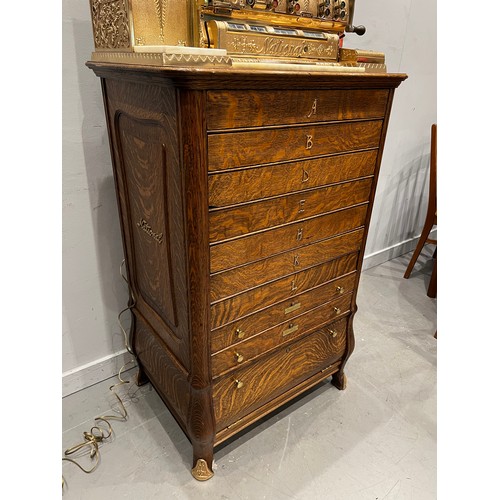 973 - Stunning example Victorian national cash register super brass & marble with multi drawer oak base