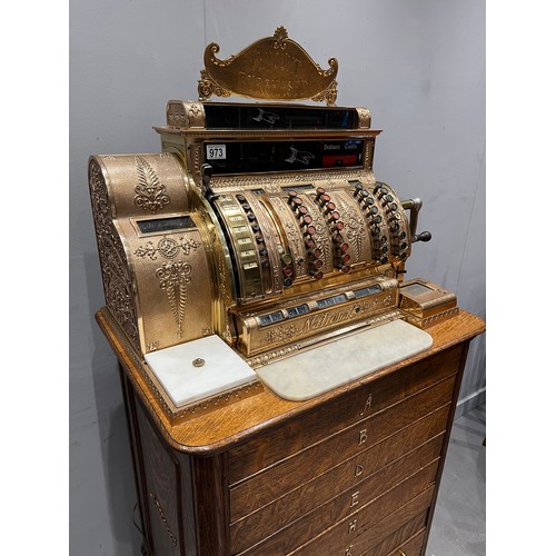 973 - Stunning example Victorian national cash register super brass & marble with multi drawer oak base