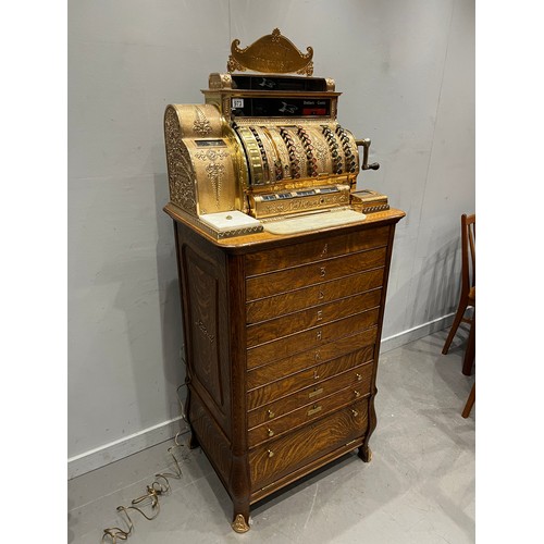 973 - Stunning example Victorian national cash register super brass & marble with multi drawer oak base