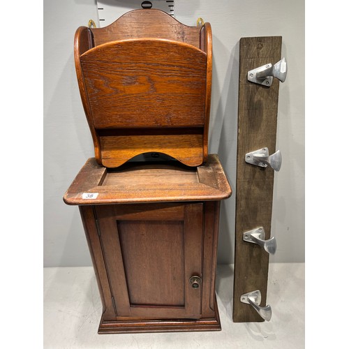 38 - Victorian mahogany medicine cabinet + coat rack + rack