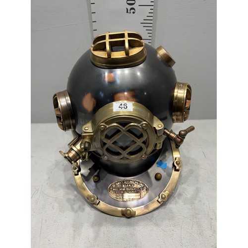 46 - US Navy brass divers helmet with plaque