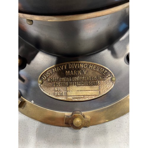 46 - US Navy brass divers helmet with plaque