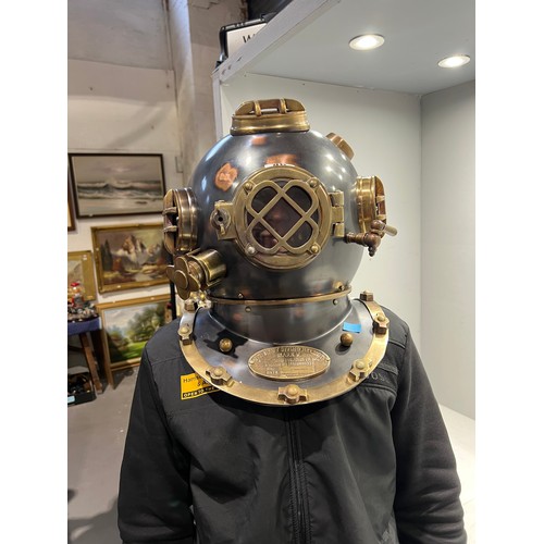 46 - US Navy brass divers helmet with plaque