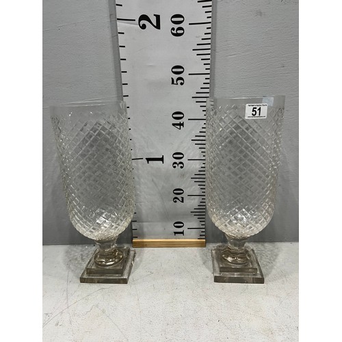 51 - Pair of cut glass hurricane lamps