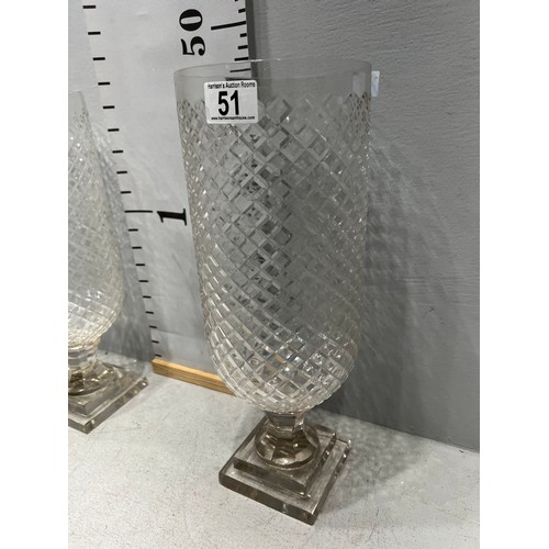 51 - Pair of cut glass hurricane lamps